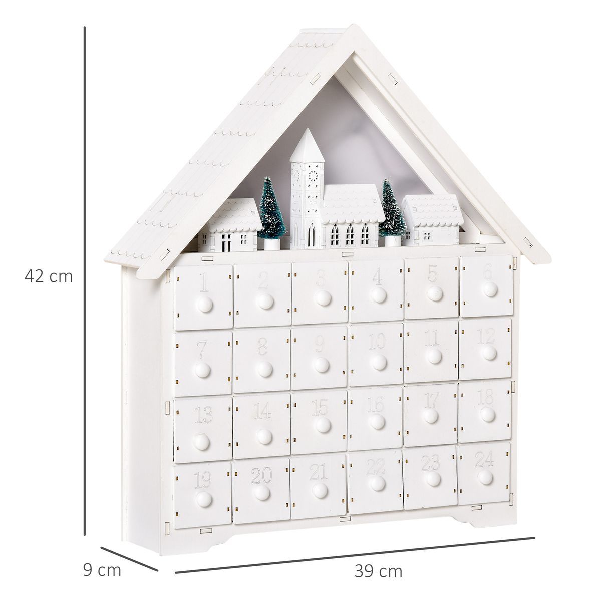 Calendario de adviento Homcom 24 cajones con 10 luces LED blanco 42x39x9 cm medidas