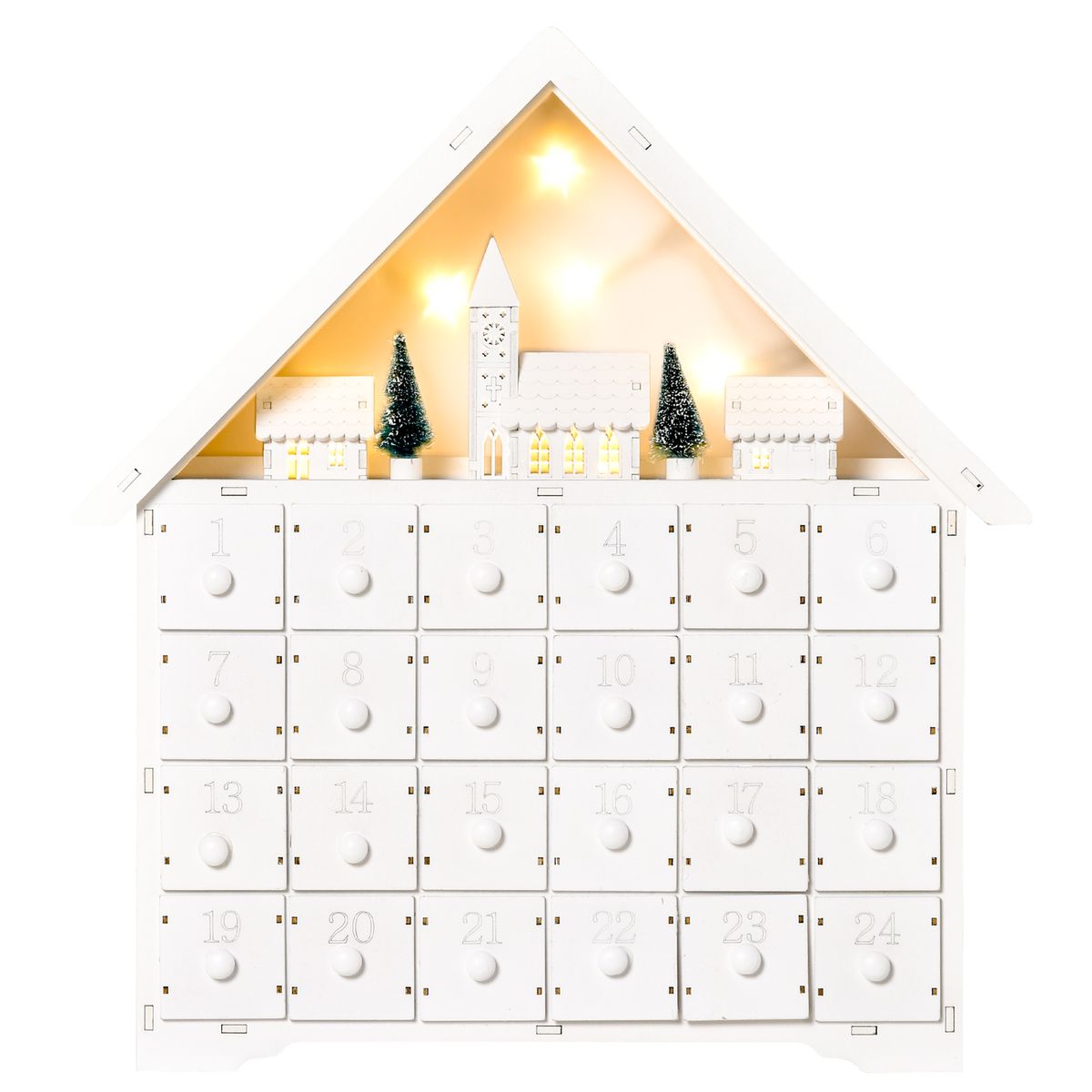 Calendario de adviento Homcom 24 cajones con 10 luces LED blanco 42x39x9 cm