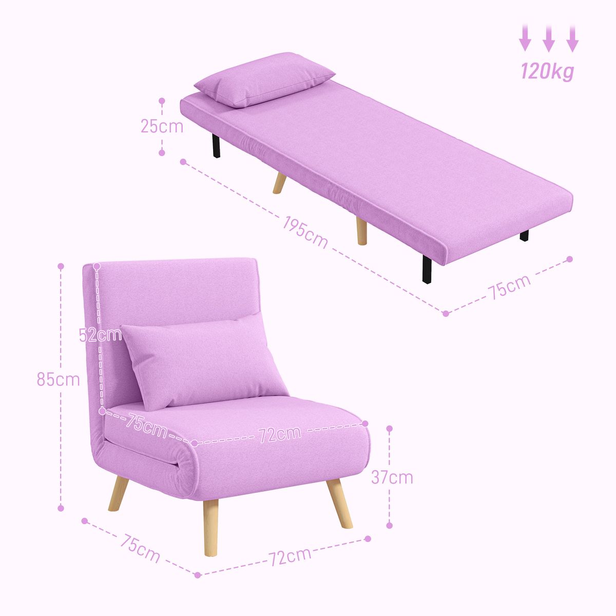 Sofá cama Brave Homcom respaldo ajustable 5 posiciones rosa 85x72x75 cm medidas