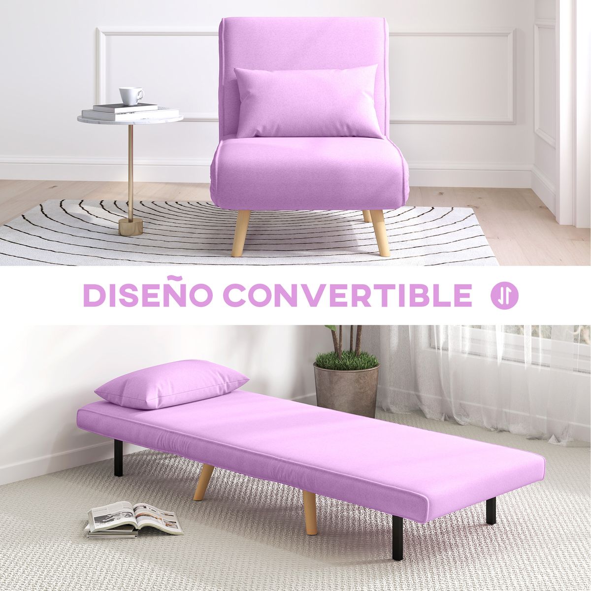 Sofá cama Brave Homcom respaldo ajustable 5 posiciones rosa 85x72x75 cm