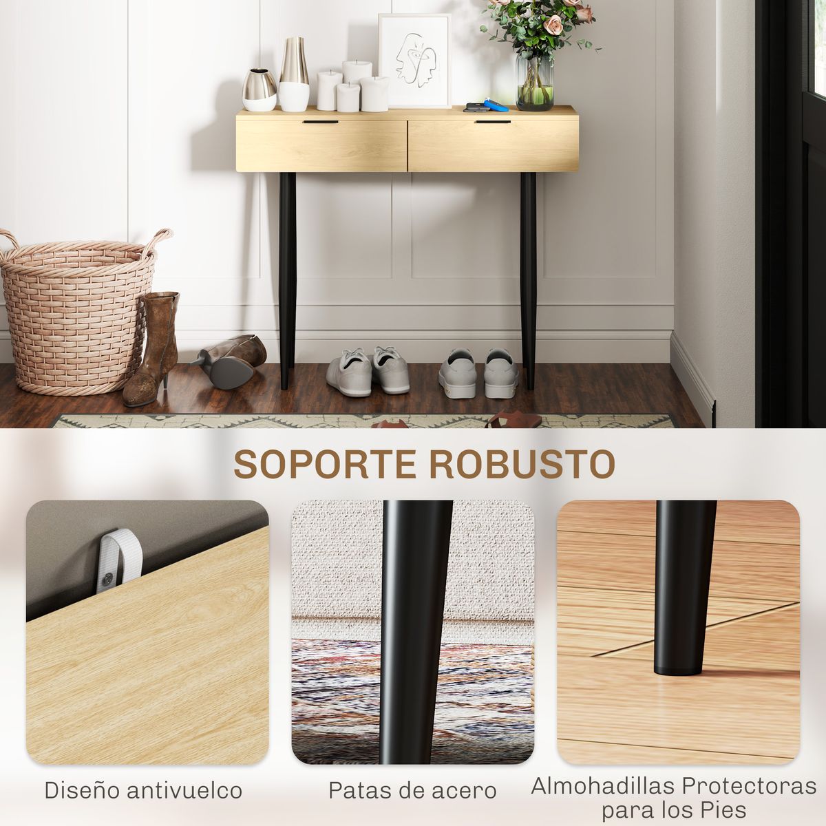 Recibidor Sia Homcom con 2 cajones roble 80,5x100x30 cm web