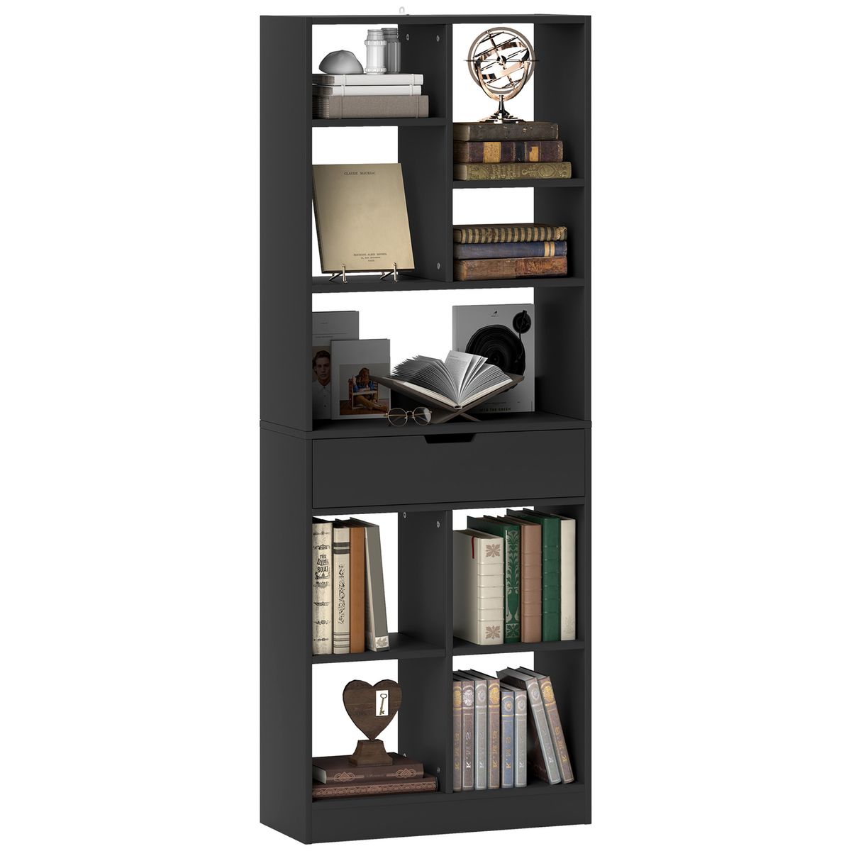 Estantería Color Homcom 9 compartimentos + 1 cajón negro 158x60x26 cm fondo blanco