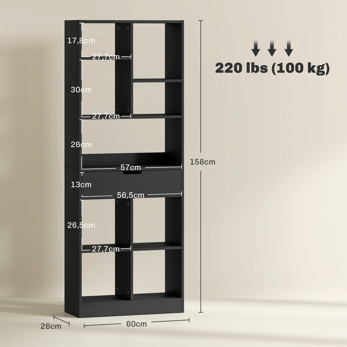 Estantería Color Homcom 9 compartimentos + 1 cajón negro 158x60x26 cm medidas