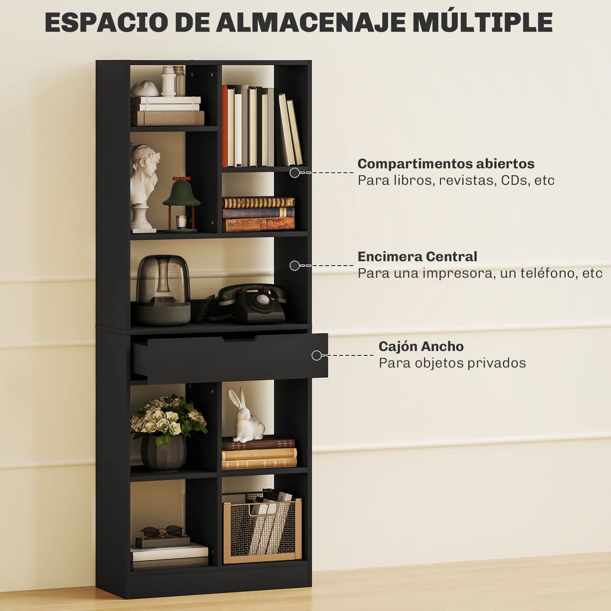 Estantería Color Homcom 9 compartimentos + 1 cajón negro 158x60x26 cm web