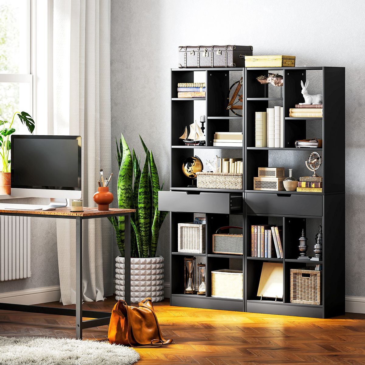 Estantería Color Homcom 9 compartimentos + 1 cajón negro 158x60x26 cm animada