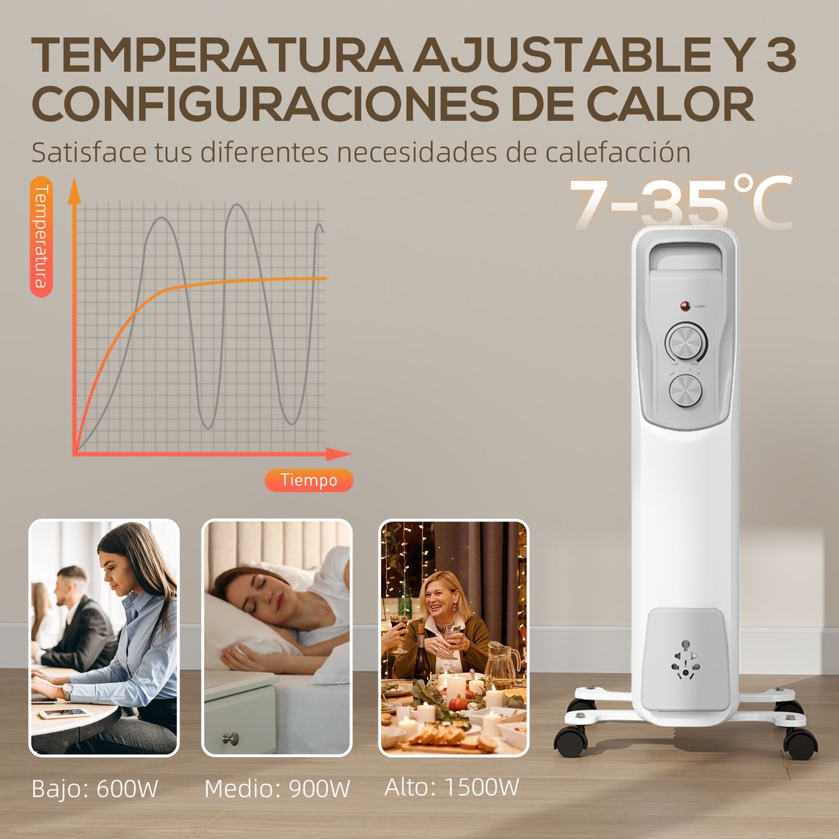 Radiador de aceite Homcom 1500W 6 elementos blanco
