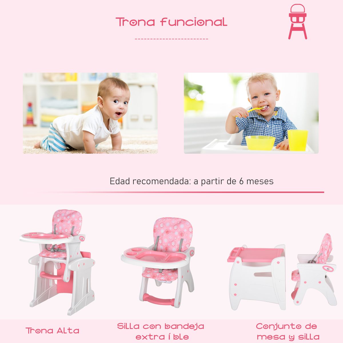 Trona para bebés Baloo Homcom ajustable con respaldo acolchado +6 meses rosa 105x57x59 cm