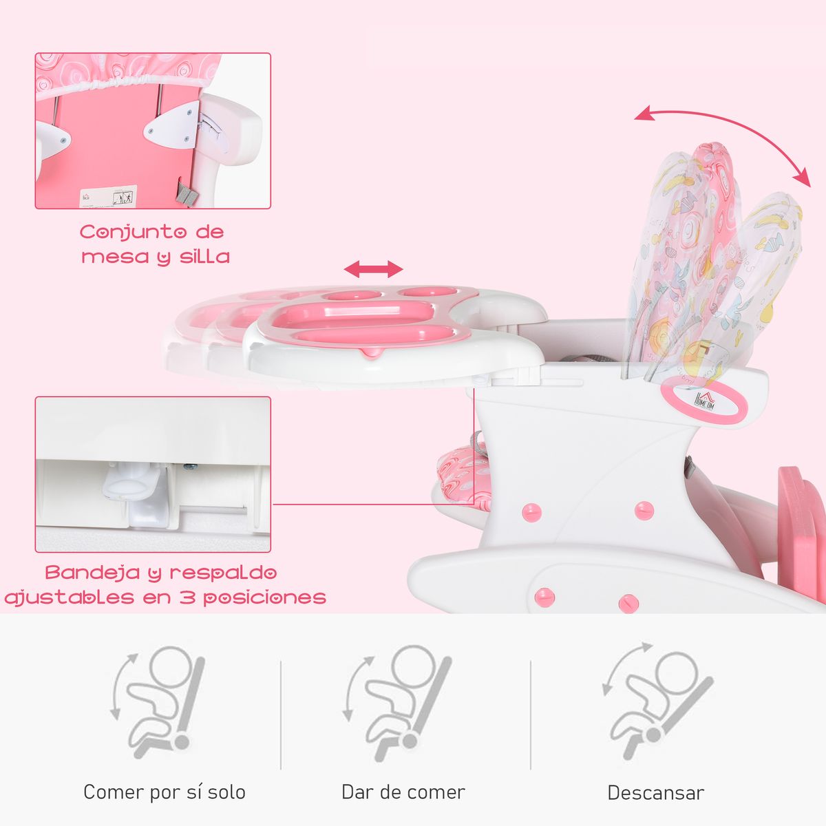 Trona para bebés Baloo Homcom ajustable con respaldo acolchado +6 meses rosa 105x57x59 cm