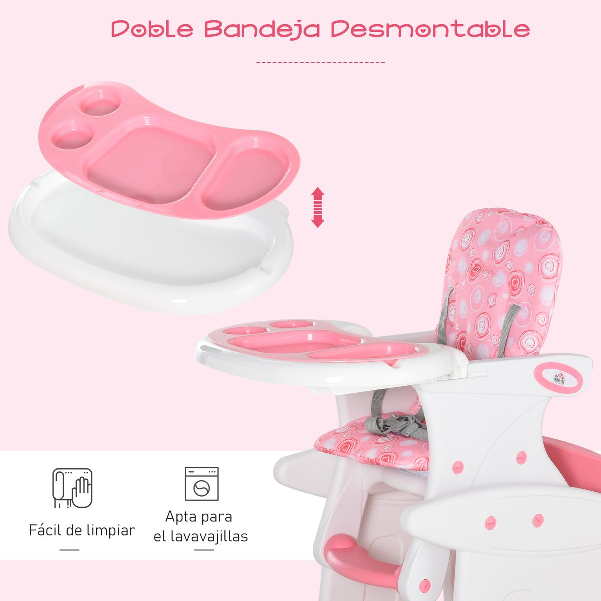 Trona para bebés Baloo Homcom ajustable con respaldo acolchado +6 meses rosa 105x57x59 cm