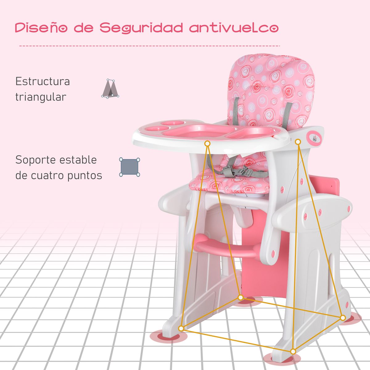 Trona para bebés Baloo Homcom ajustable con respaldo acolchado +6 meses rosa 105x57x59 cm
