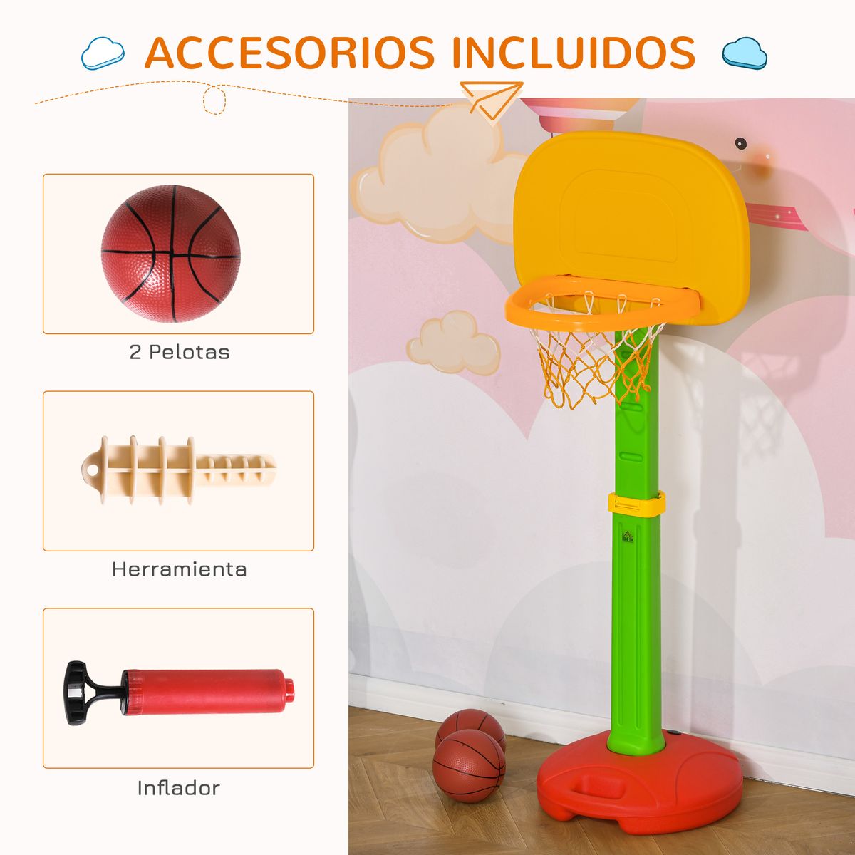 Canasta baloncesto infantil Homcom altura ajustable +3A multicolor 120-160x52,5x44 cm