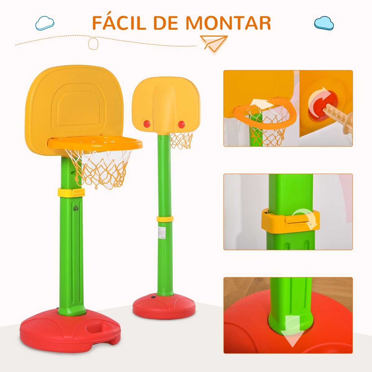 Canasta baloncesto infantil Homcom altura ajustable +3A multicolor 120-160x52,5x44 cm