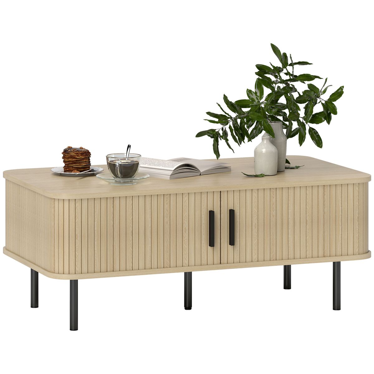 Mesa de centro Lágrima Homcom 2 puertas de persiana roble 40x100x55 cm fondo blanco