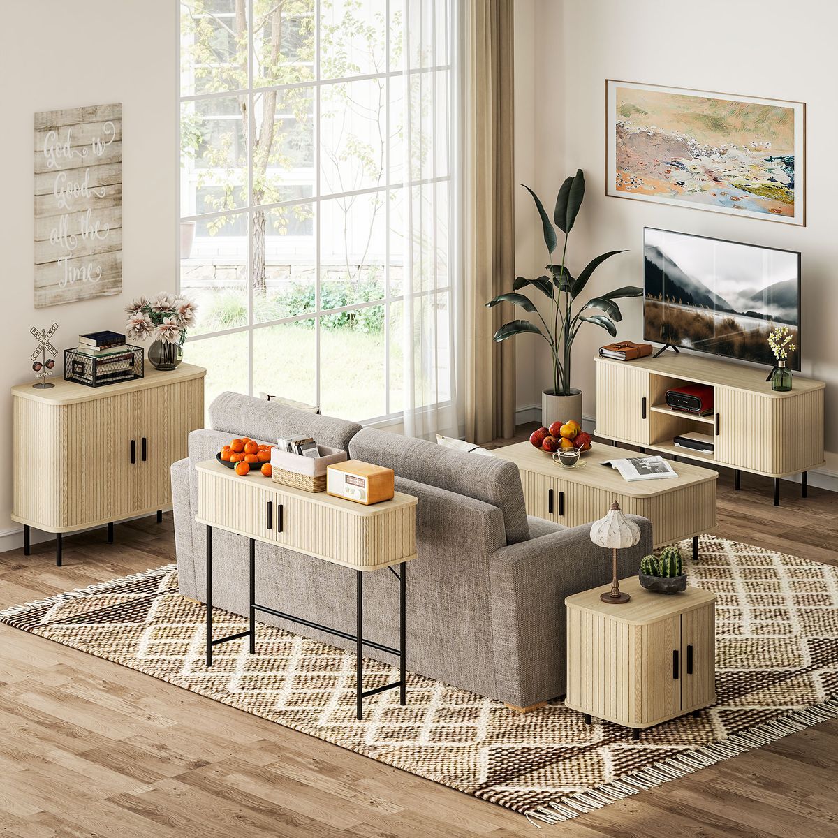 Mesa de centro Lágrima Homcom 2 puertas de persiana roble 40x100x55 cm animada