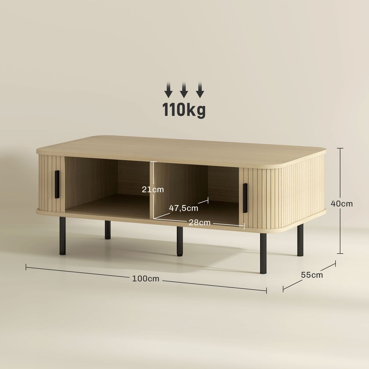 Mesa de centro Lágrima Homcom 2 puertas de persiana roble 40x100x55 cm medidas