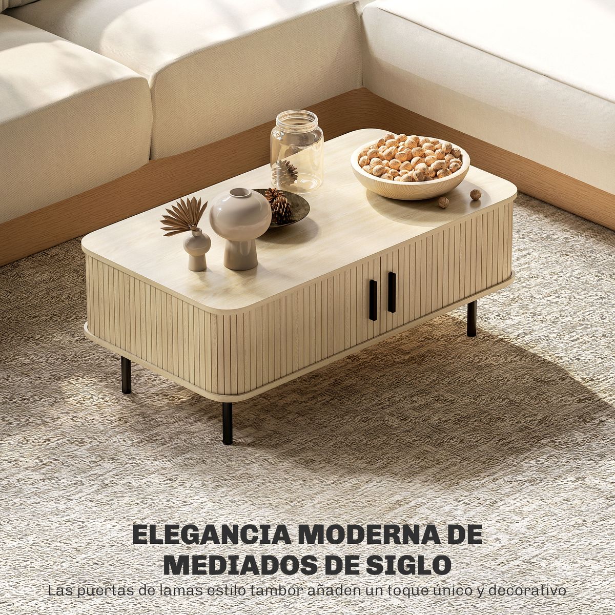 Mesa de centro Lágrima Homcom 2 puertas de persiana roble 40x100x55 cm detalle