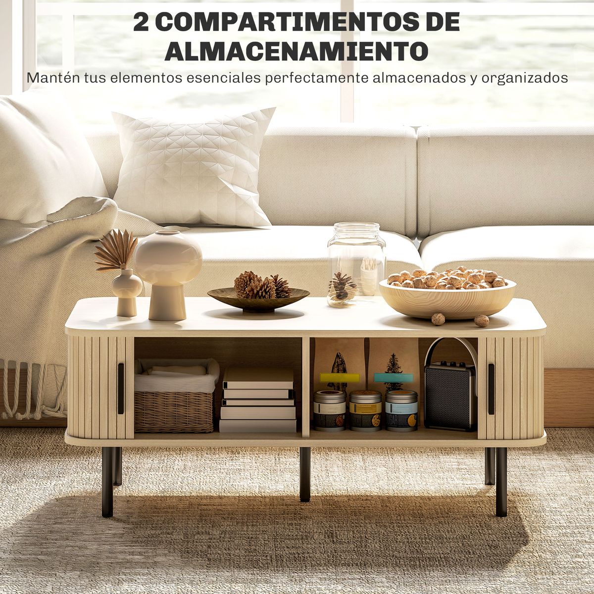 Mesa de centro Lágrima Homcom 2 puertas de persiana roble 40x100x55 cm