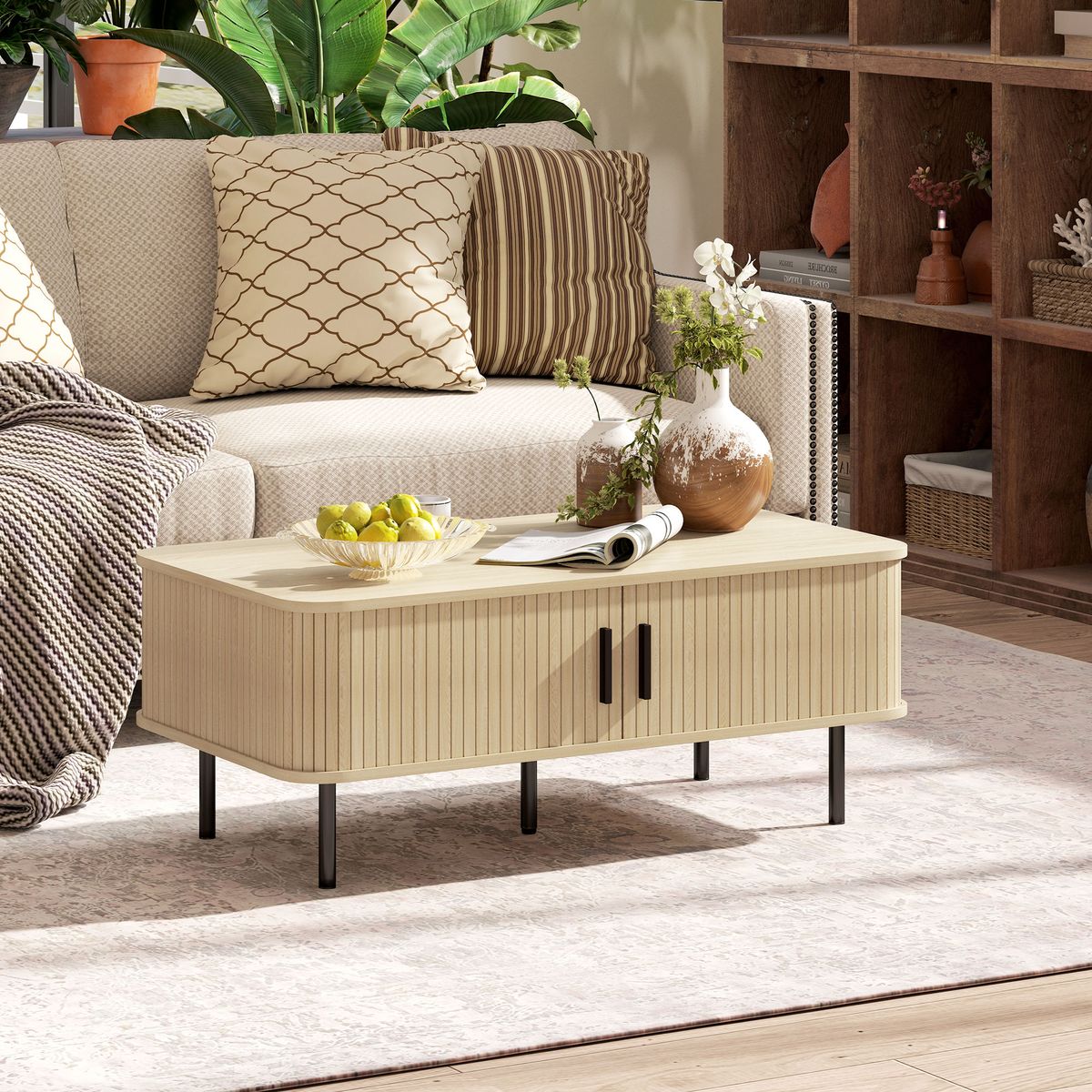 Mesa de centro Lágrima Homcom 2 puertas de persiana roble 40x100x55 cm animada