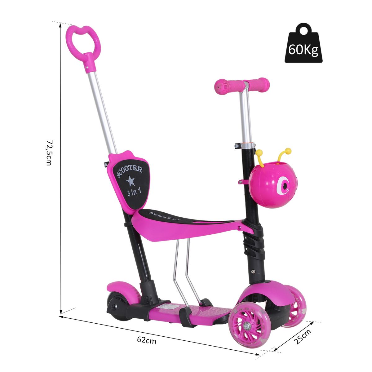 Patinete infantil Miga Homcom 3 en 1 con asiento +18 meses rosa 72,5x62x25 cm medidas