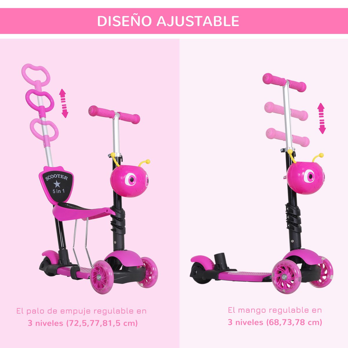 Patinete infantil Miga Homcom 3 en 1 con asiento +18 meses rosa 72,5x62x25 cm