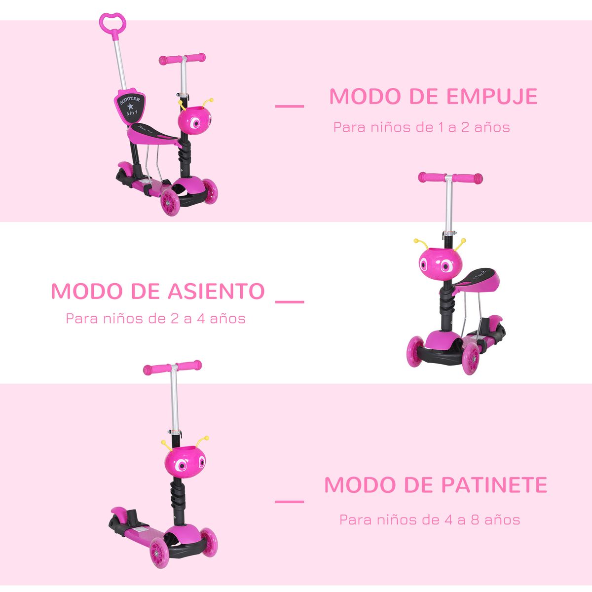 Patinete infantil Miga Homcom 3 en 1 con asiento +18 meses rosa 72,5x62x25 cm