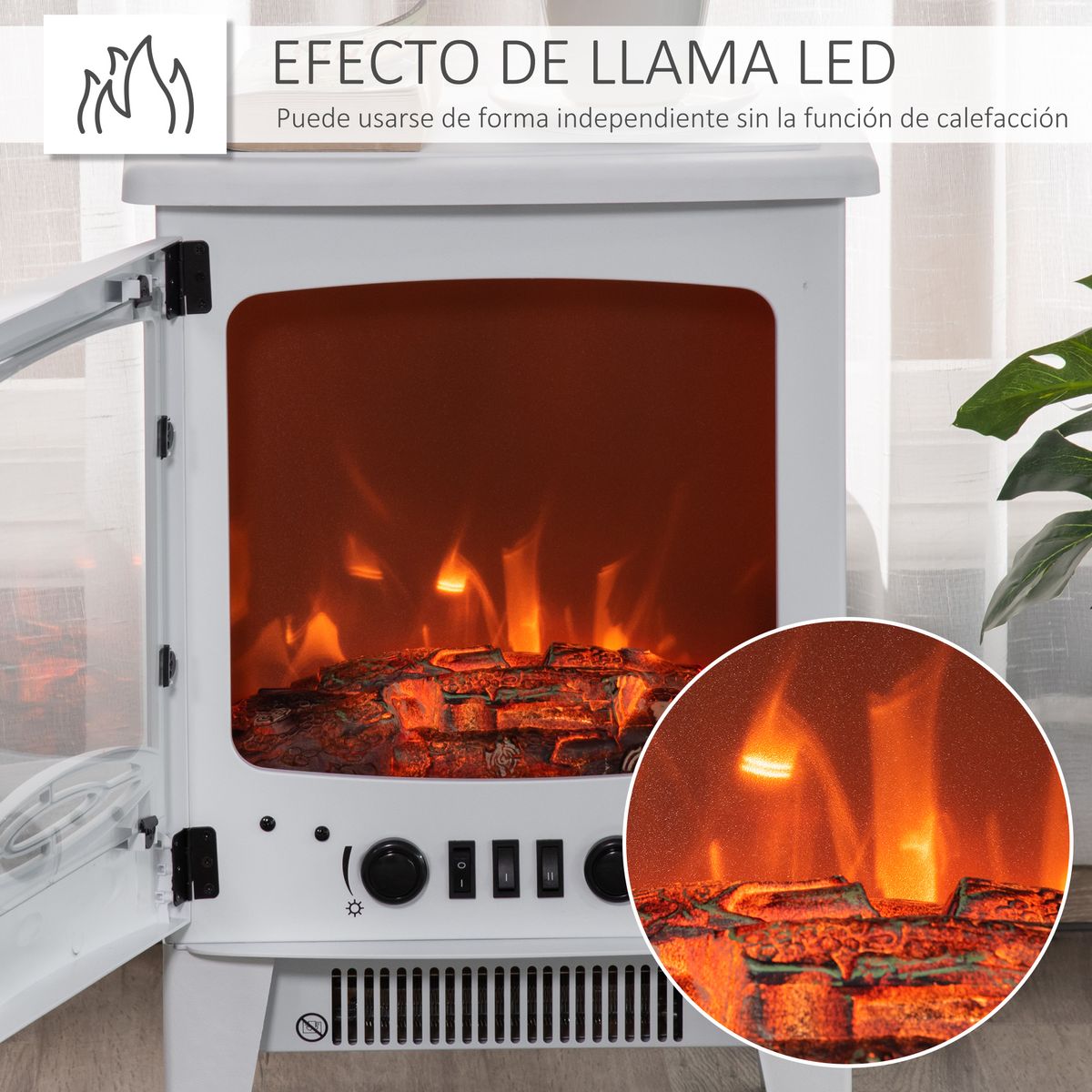 Calefactor Chimenea Homcom 1800W 2 potencias blanco 54,8x39x26 cm detalles