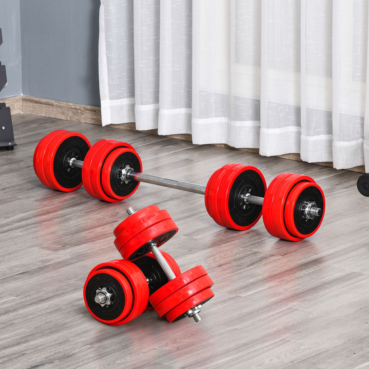 Set de mancuernas Homcom 12 discos + 2 barras + 4 bielas 30kg rojo animada