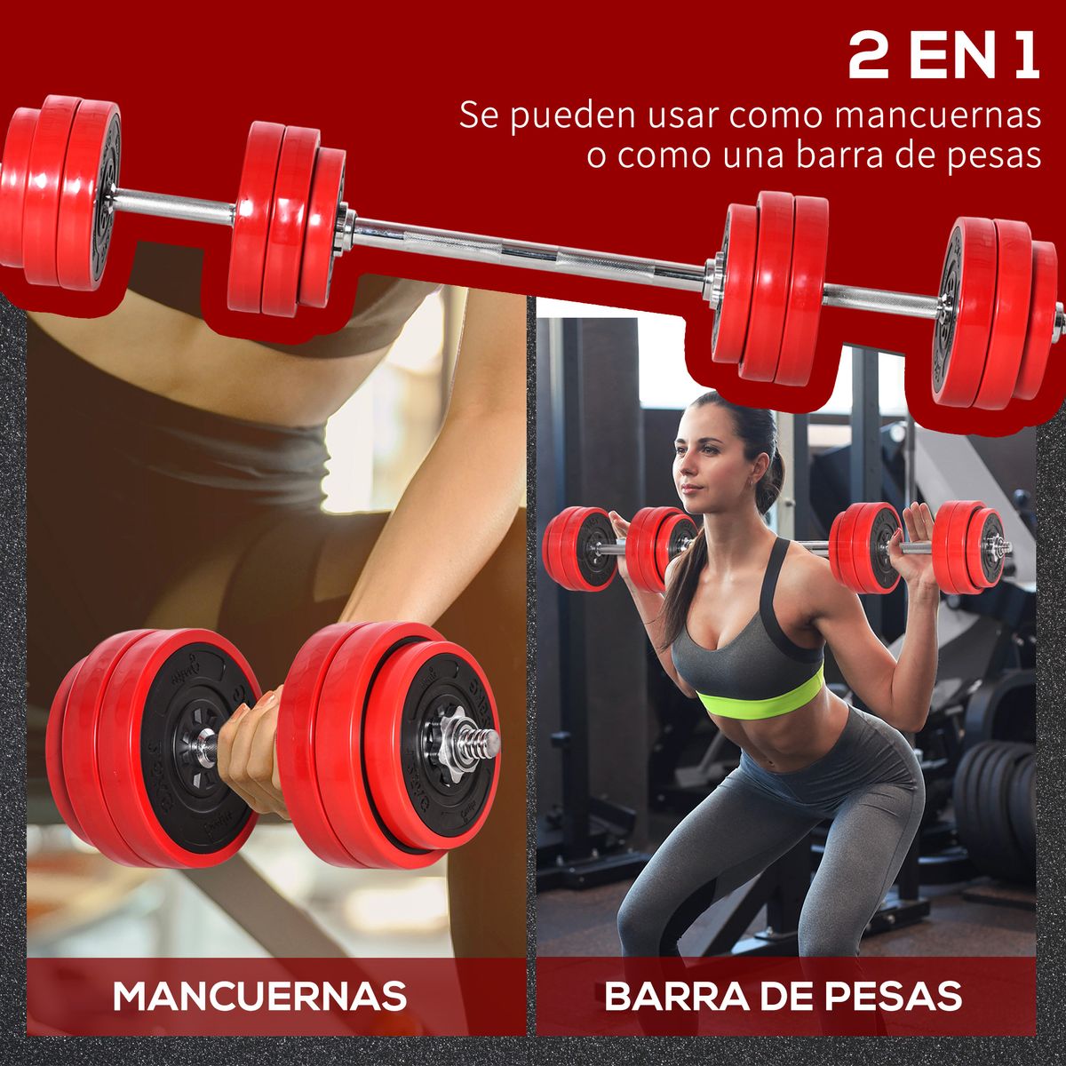 Set de mancuernas Homcom 12 discos + 2 barras + 4 bielas 30kg rojo caracteristicas