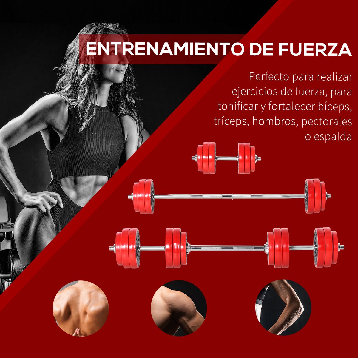 Set de mancuernas Homcom 12 discos + 2 barras + 4 bielas 30kg rojo detalles