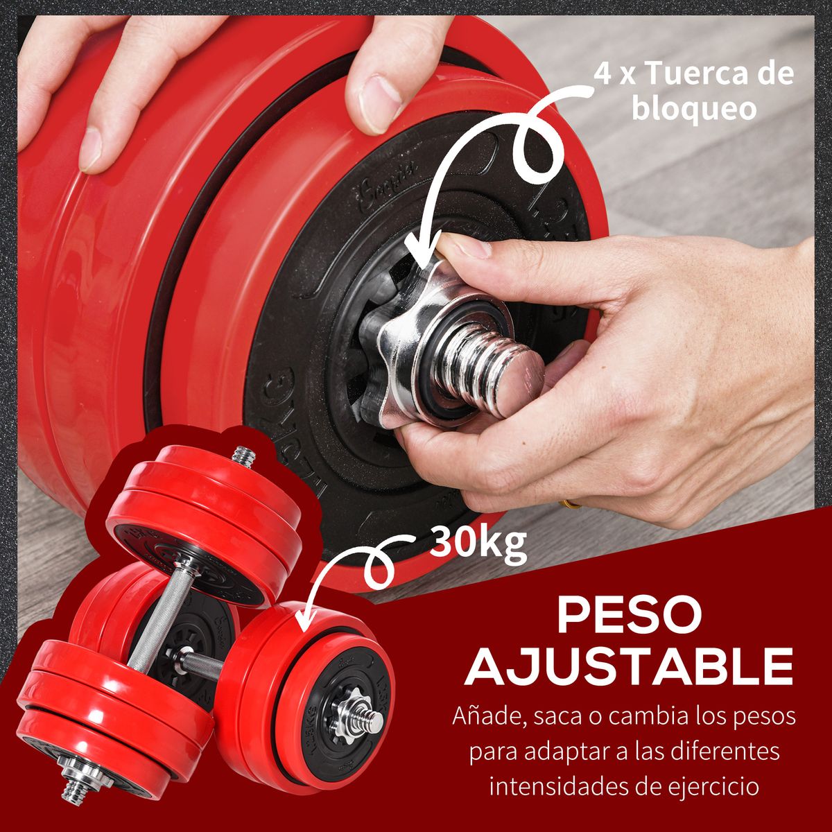 Set de mancuernas Homcom 12 discos + 2 barras + 4 bielas 30kg rojo informacion