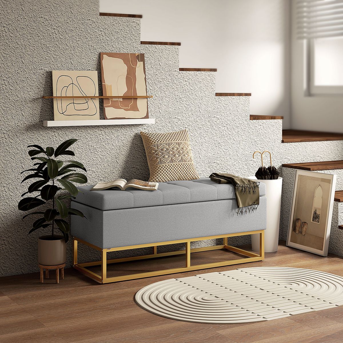 Banco de almacenaje Ritual Homcom tapizado acolchado gris 48x110x48 cm animada