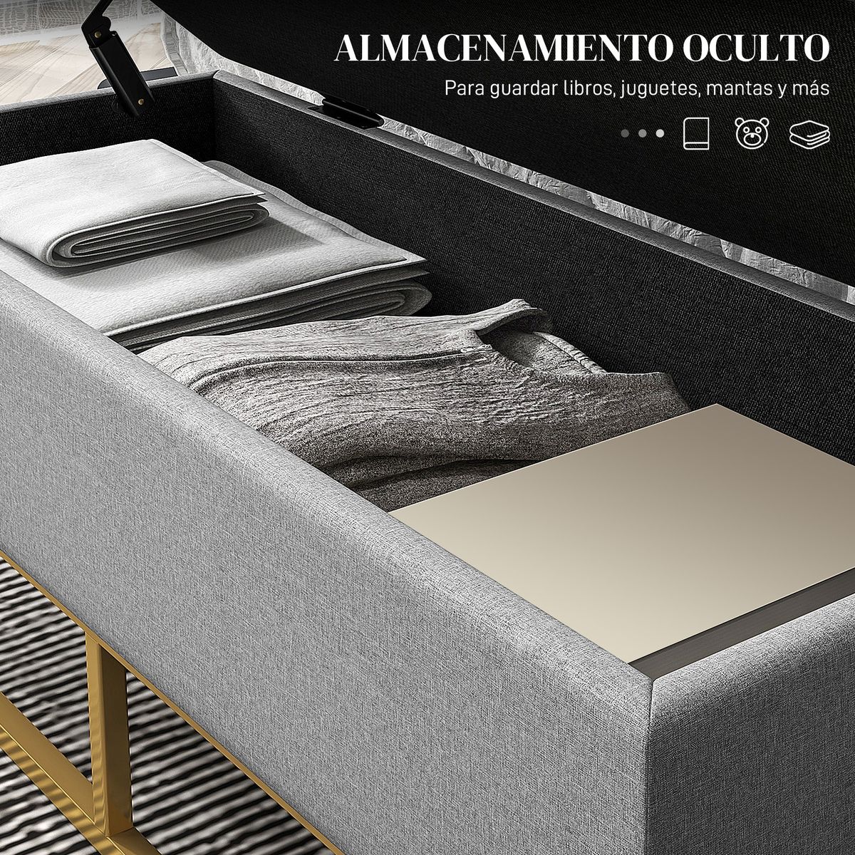 Banco de almacenaje Ritual Homcom tapizado acolchado gris 48x110x48 cm detalle