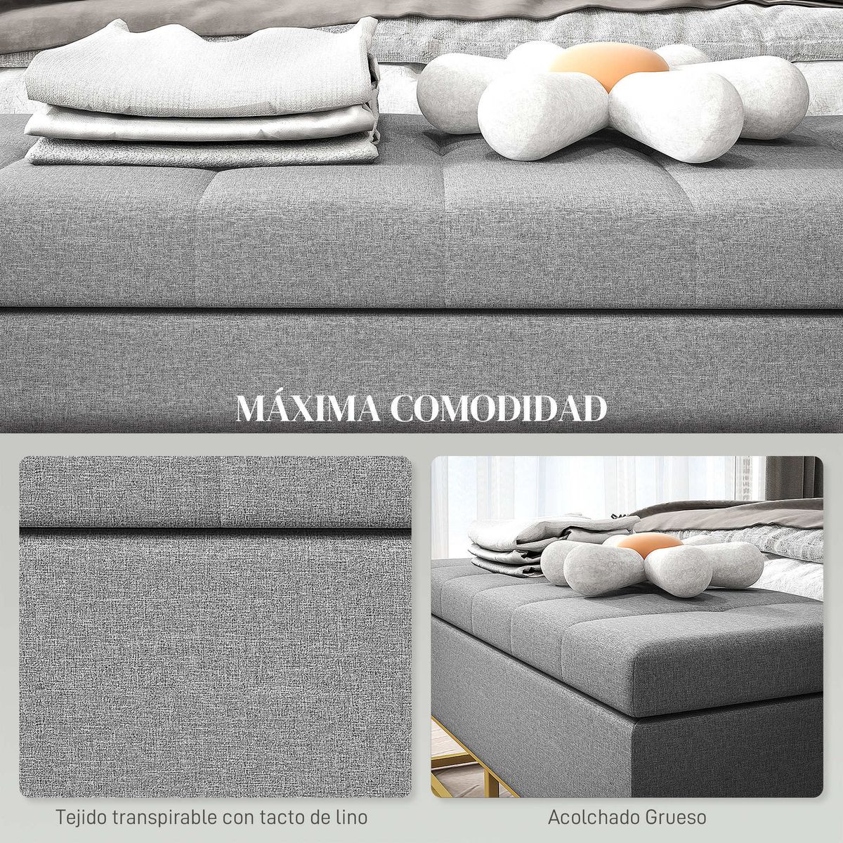 Banco de almacenaje Ritual Homcom tapizado acolchado gris 48x110x48 cm
