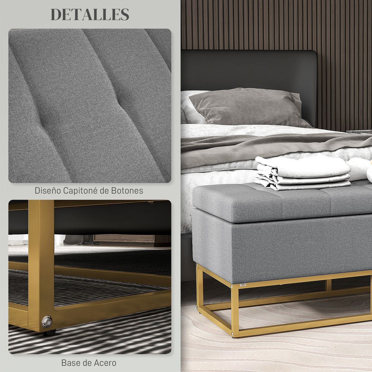 Banco de almacenaje Ritual Homcom tapizado acolchado gris 48x110x48 cm