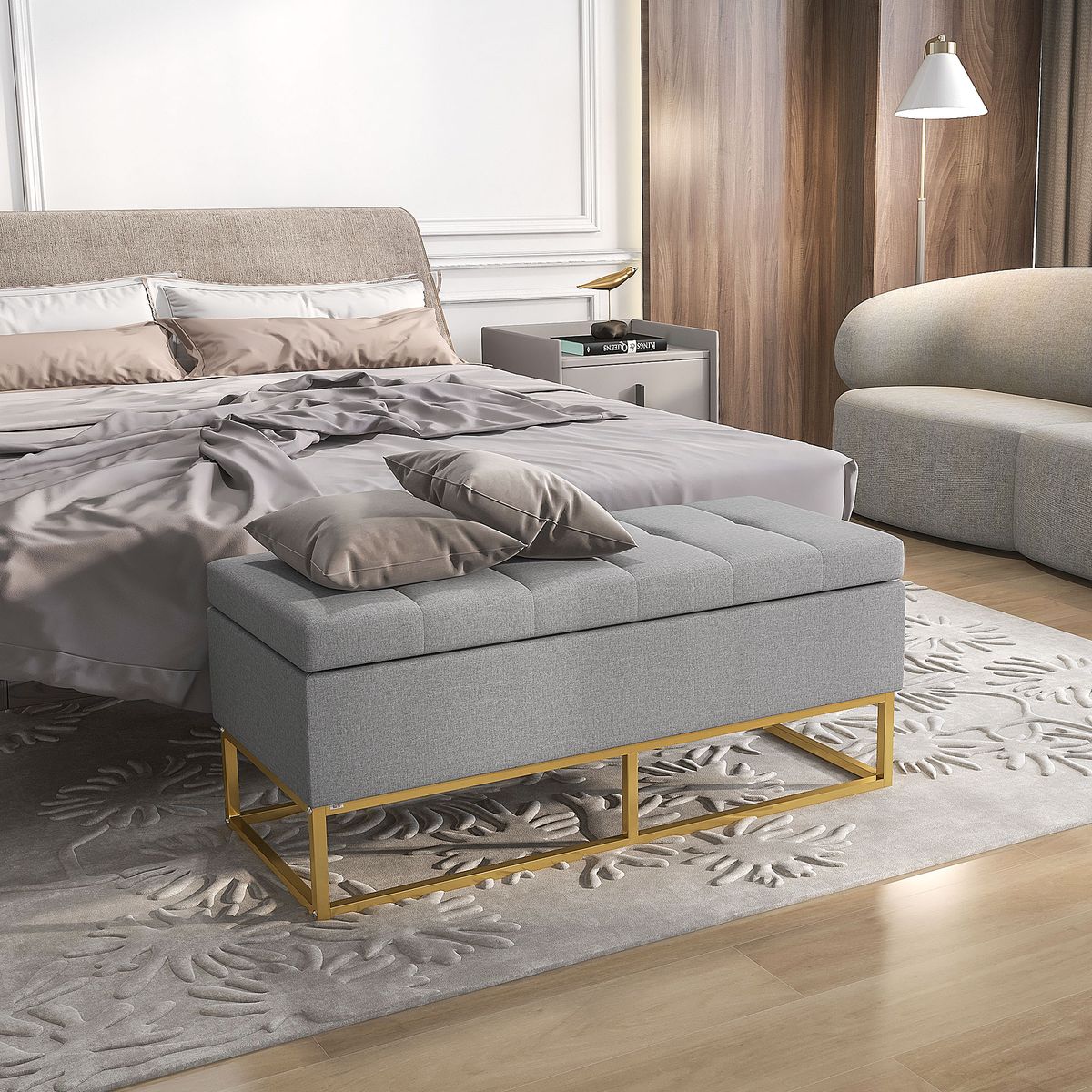 Banco de almacenaje Ritual Homcom tapizado acolchado gris 48x110x48 cm animada