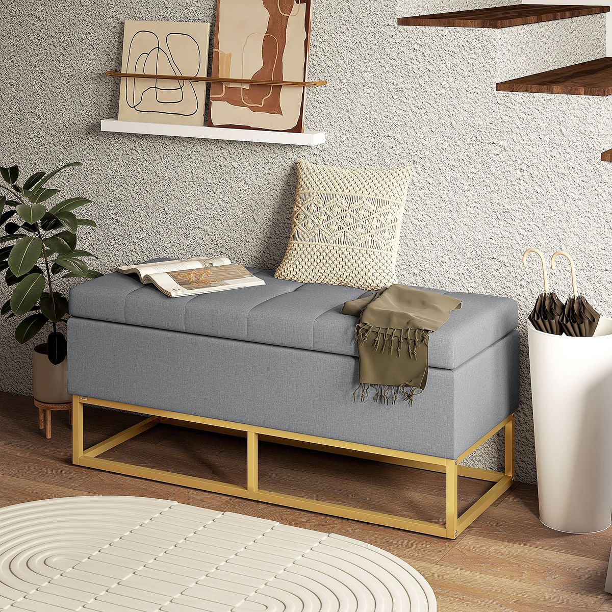 Banco de almacenaje Ritual Homcom tapizado acolchado gris 48x110x48 cm animada hogar