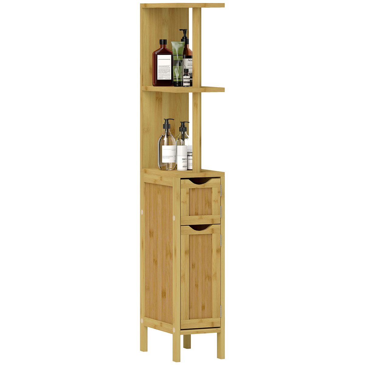 Mueble auxiliar Dhea Homcom 2 armarios + 2 estantes natural 120x18x30 cm fondo blanco