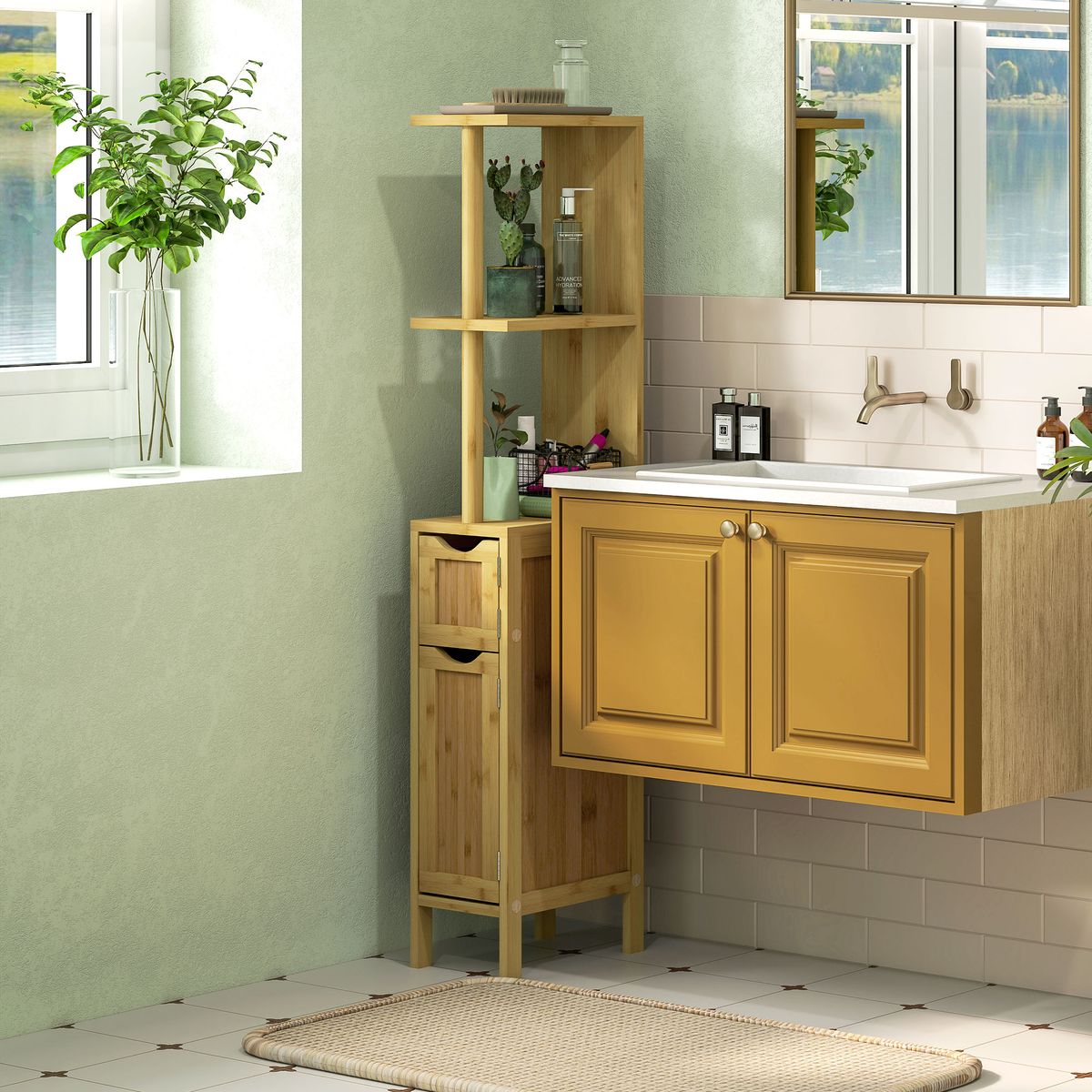 Mueble auxiliar Dhea Homcom 2 armarios + 2 estantes natural 120x18x30 cm animada