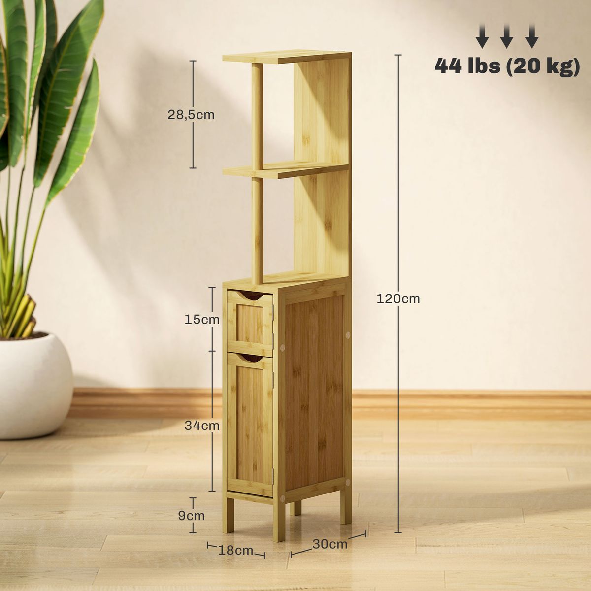 Mueble auxiliar Dhea Homcom 2 armarios + 2 estantes natural 120x18x30 cm medidas