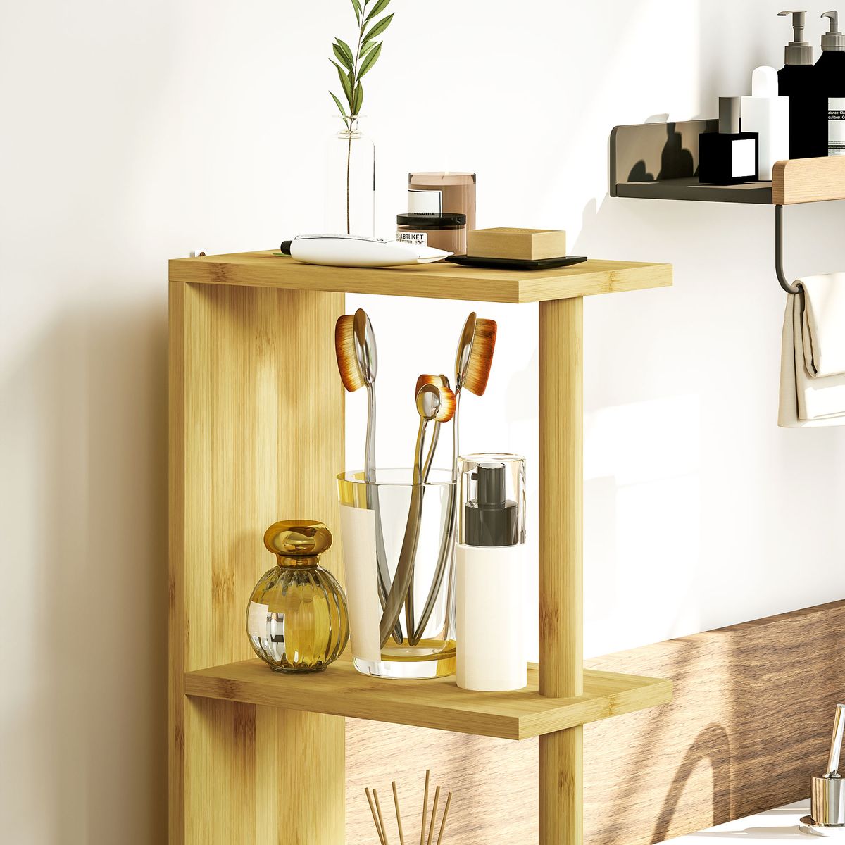 Mueble auxiliar Dhea Homcom 2 armarios + 2 estantes natural 120x18x30 cm detalle estantes