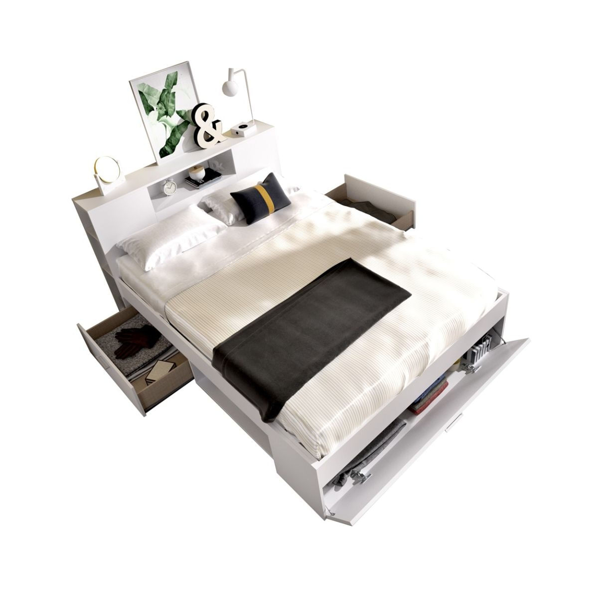 Cama Lanka cabecero estantería blanco 95x147x219 cm