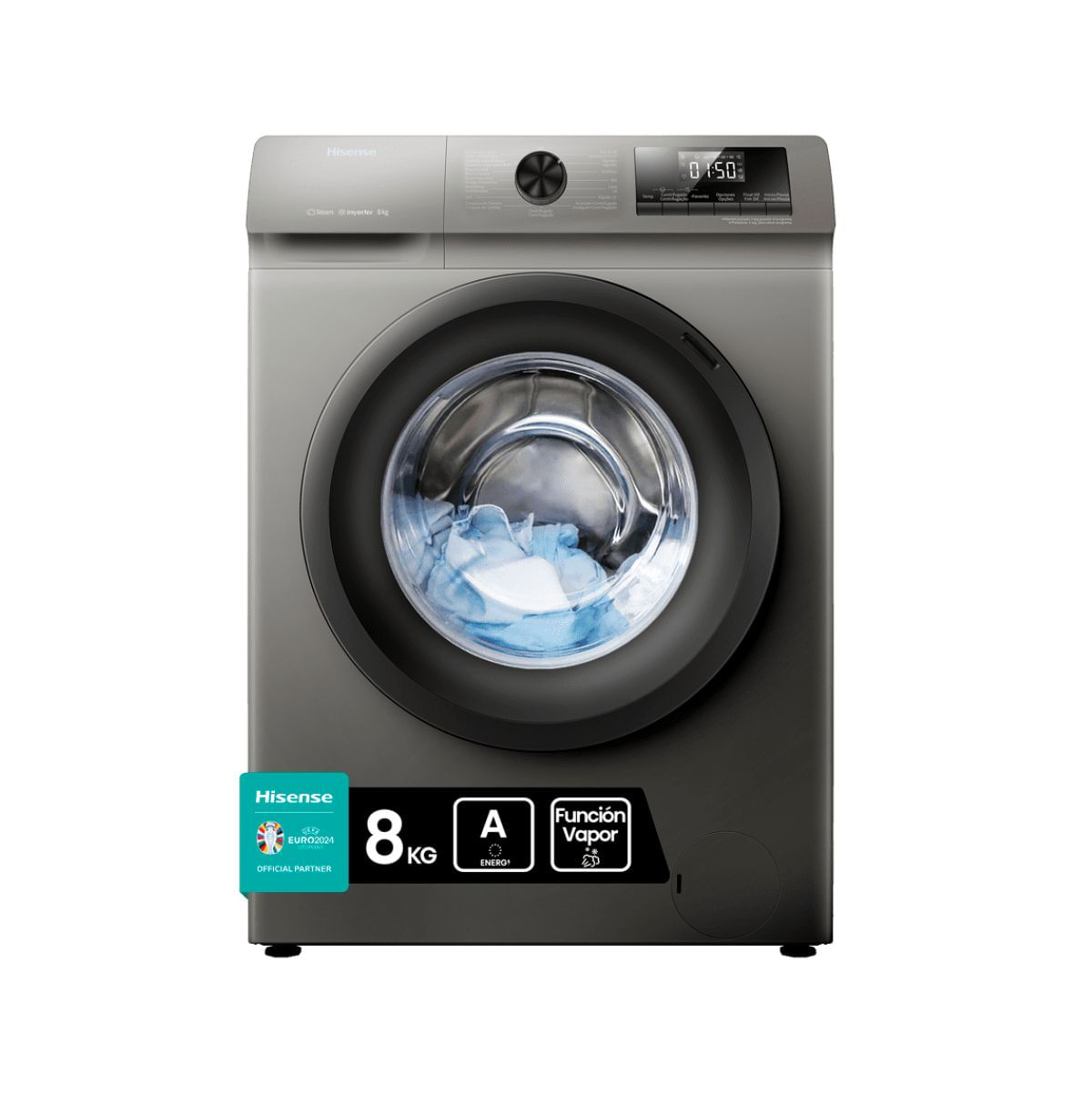 Lavadora carga frontal Hisense WFQP8014EVMT 8kg 1400 rpm A gris 59,5 cm fondo blanco