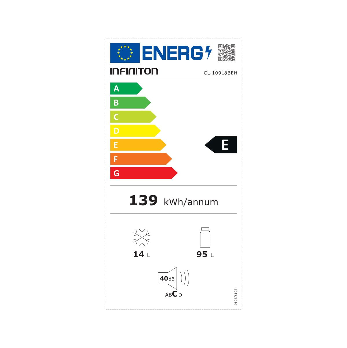 Frigorífico una puerta Infiniton CL-109L8BEH cíclico 109L E blanco 85 cm etiqueta
