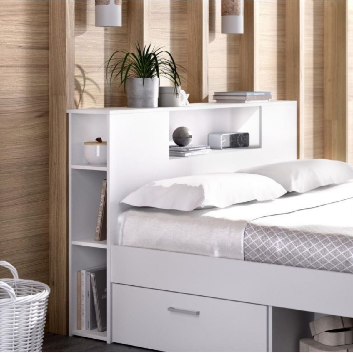 Estructura de cama Lanka con cabecero blanco 150x190 cm detalle