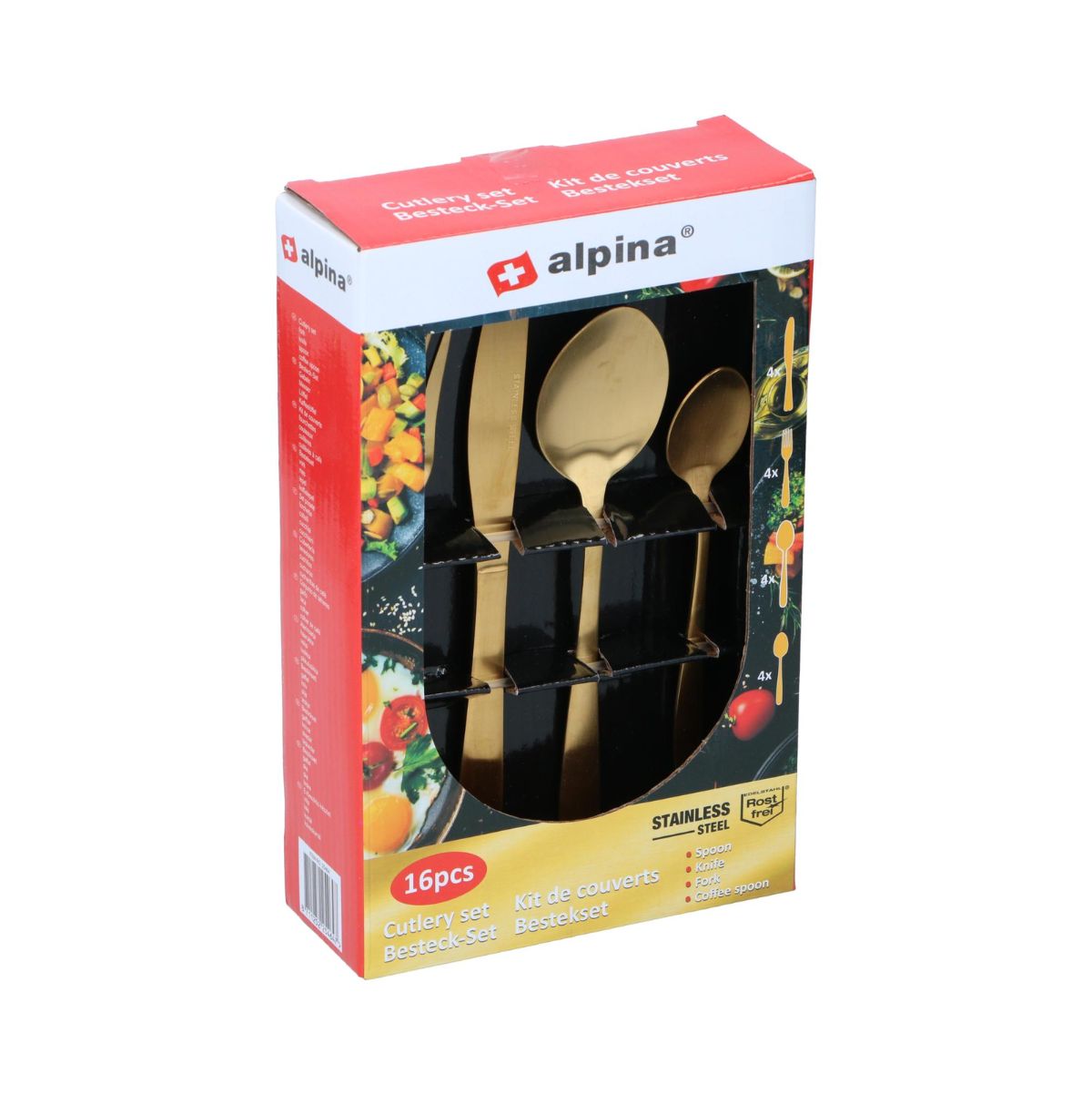 Cubertería Queen Alpina 16 piezas acero inoxidable oro caja