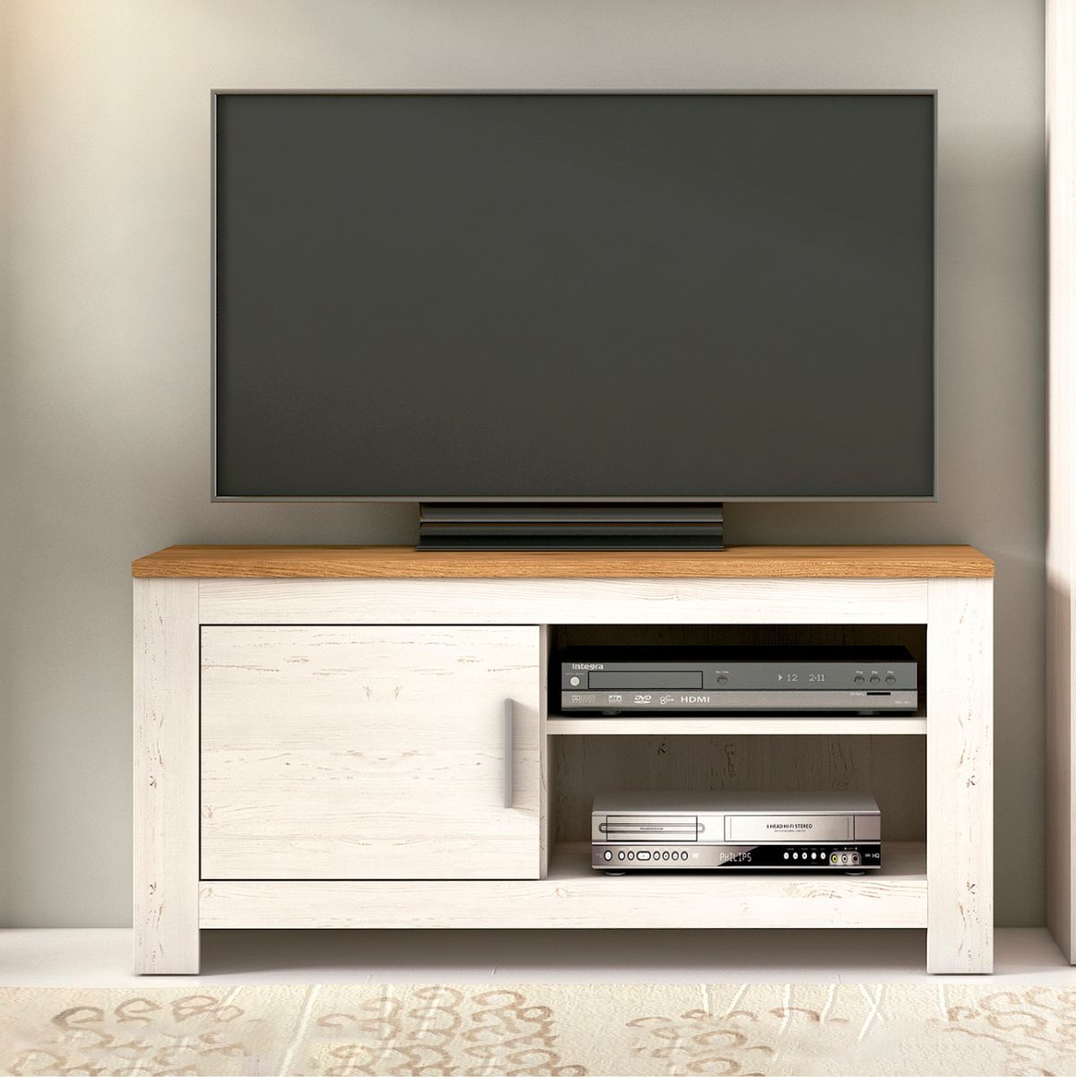 Mueble de TV Roncal 1 armario + 2 compartimentos andersen/roble 58x118x45 cm frontal