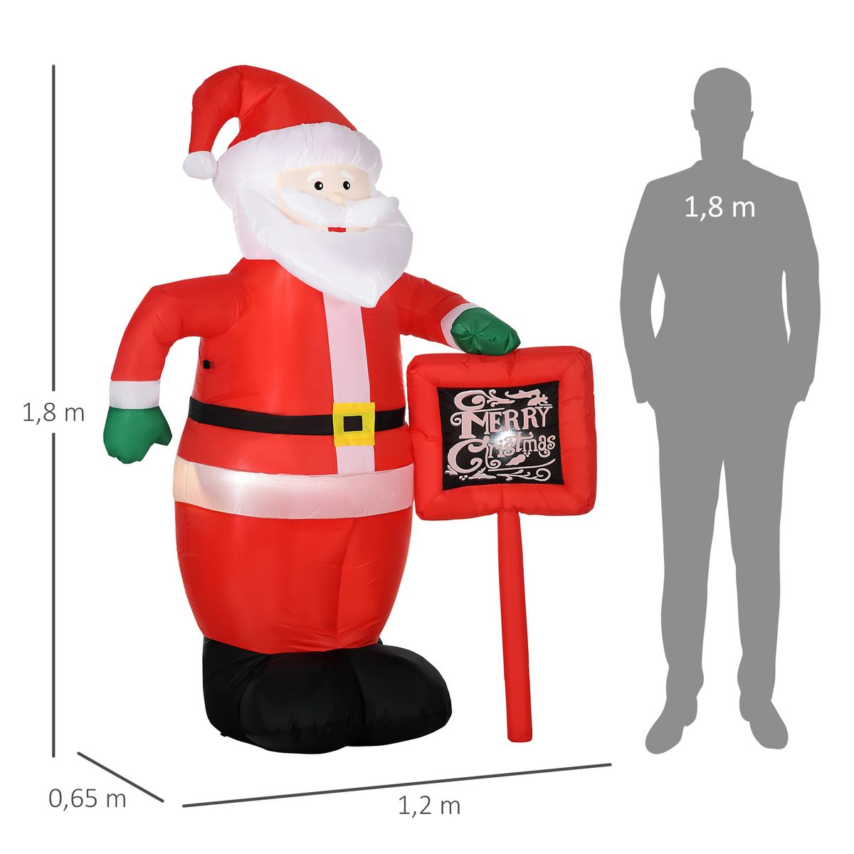 Papá Noel hinchable Homcom con 3 luces LED + inflador eléctrico multicolor 180x120x65 cm medidas