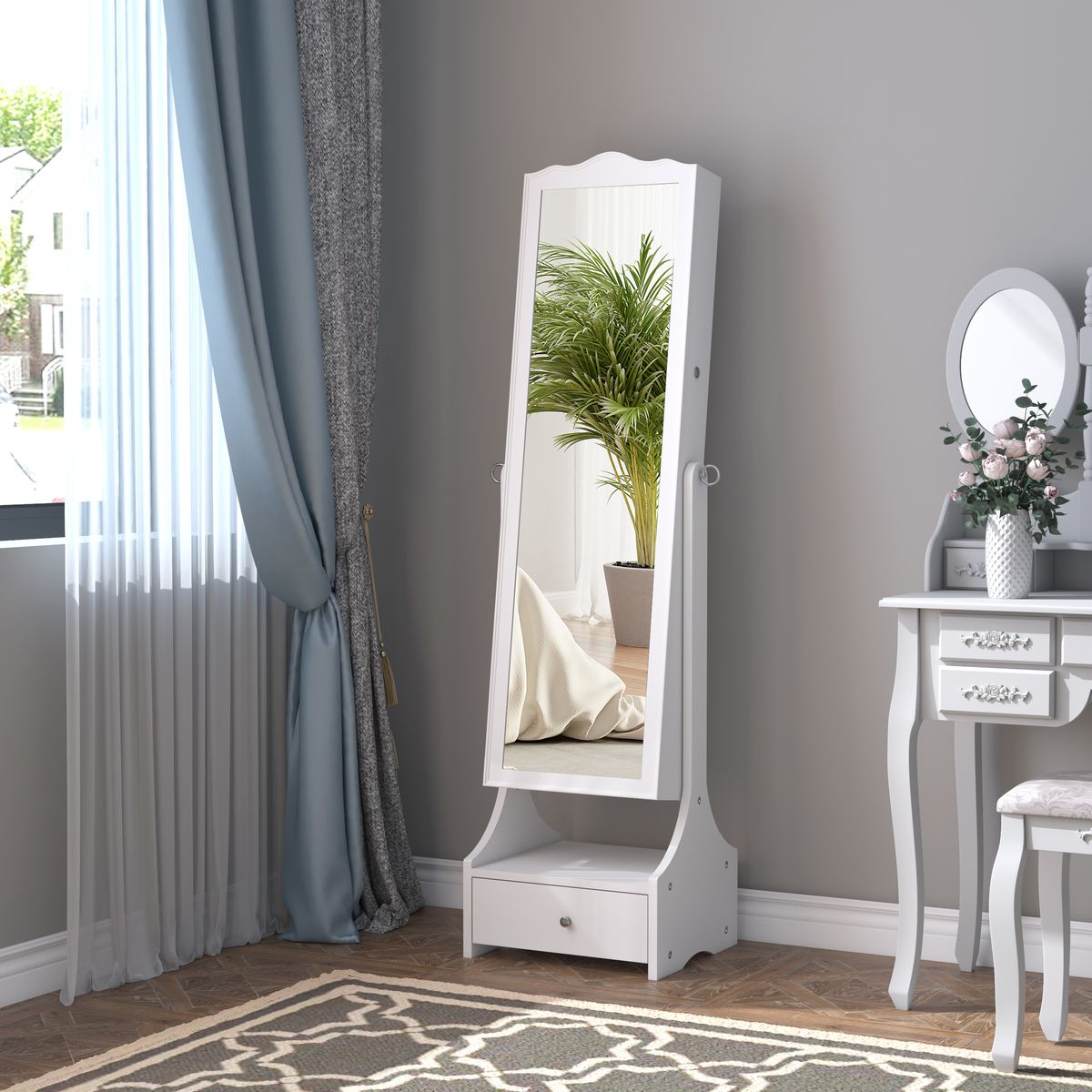 Espejo de pie Rob Homcom abatible con luces LED + puerta + cajón blanco 150x45x36 cm animada