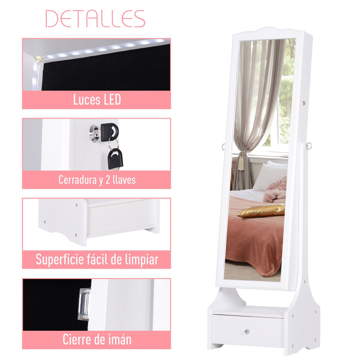 Espejo de pie Rob Homcom abatible con luces LED + puerta + cajón blanco 150x45x36 cm