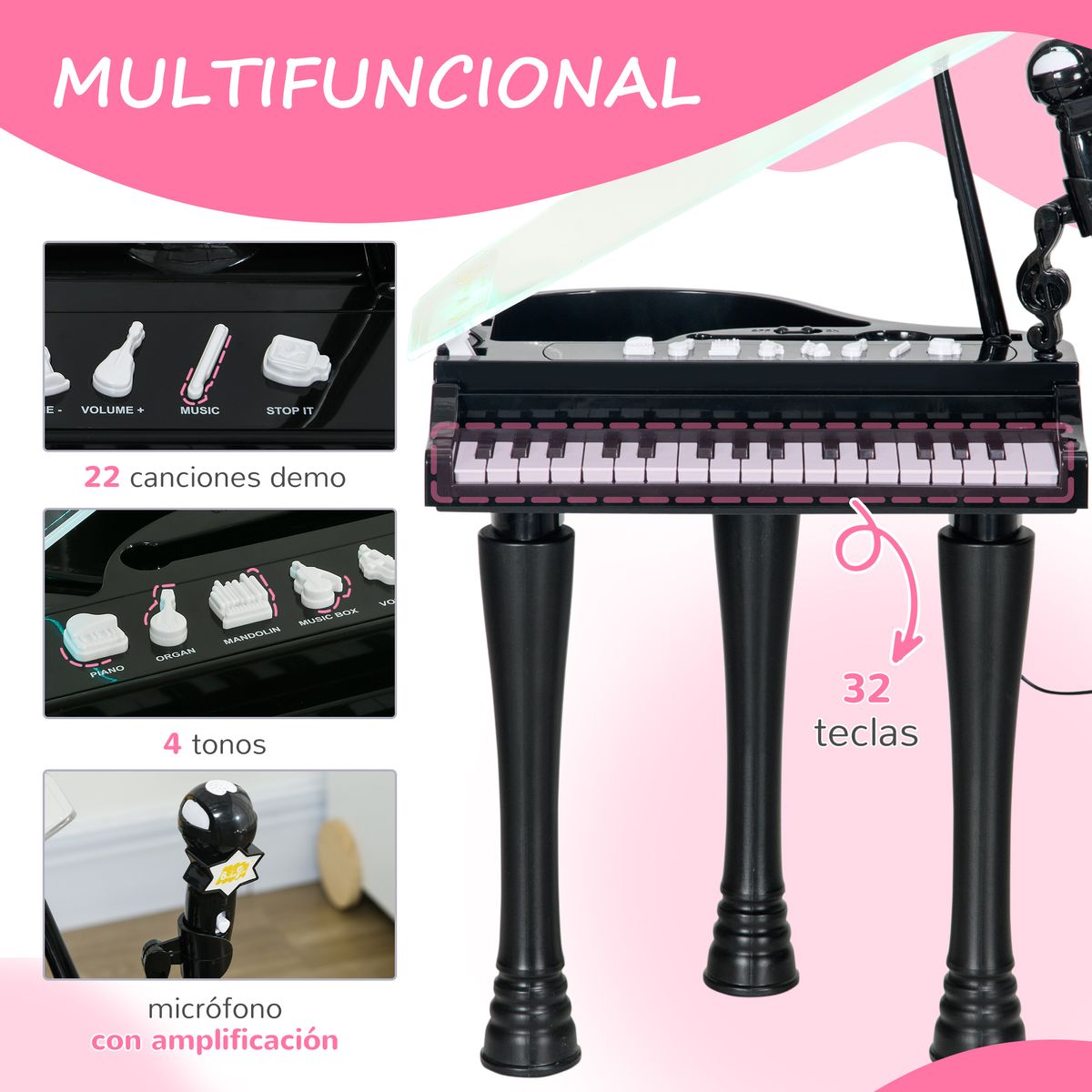 Piano infantil Classic Aiyaplay con micrófono + 22 canciones negro 60,4x37x30,5 cm